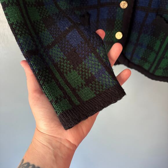 Vintage TALLY HO Women's Med Green Blue Plaid Tartan Wool Blend Cardigan Preppy - Picture 9 of 11